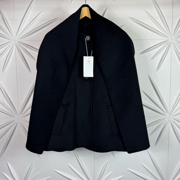 ZARA WOOL BLEND SHORT COAT WITH DETACHABLE SCARF - BLACK - Picture 12 of 17